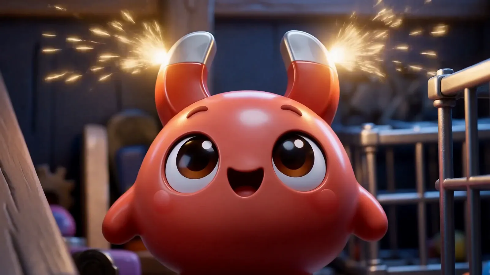 Red, with sparks crackling from its magnet horns, looking determined