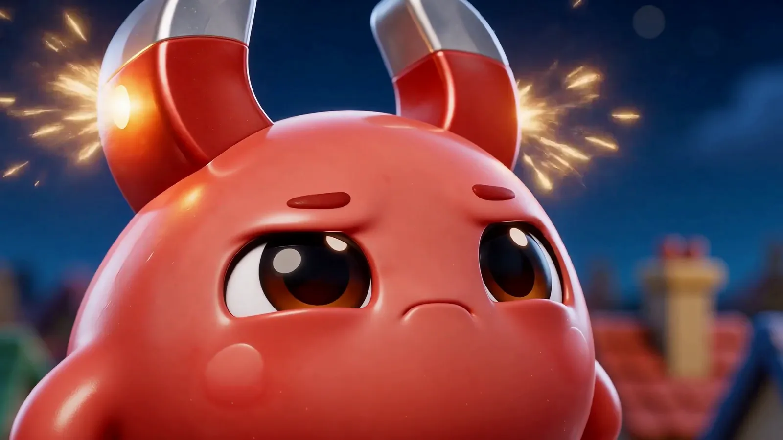 Red on a rooftop under the night sky, sparks around its horns